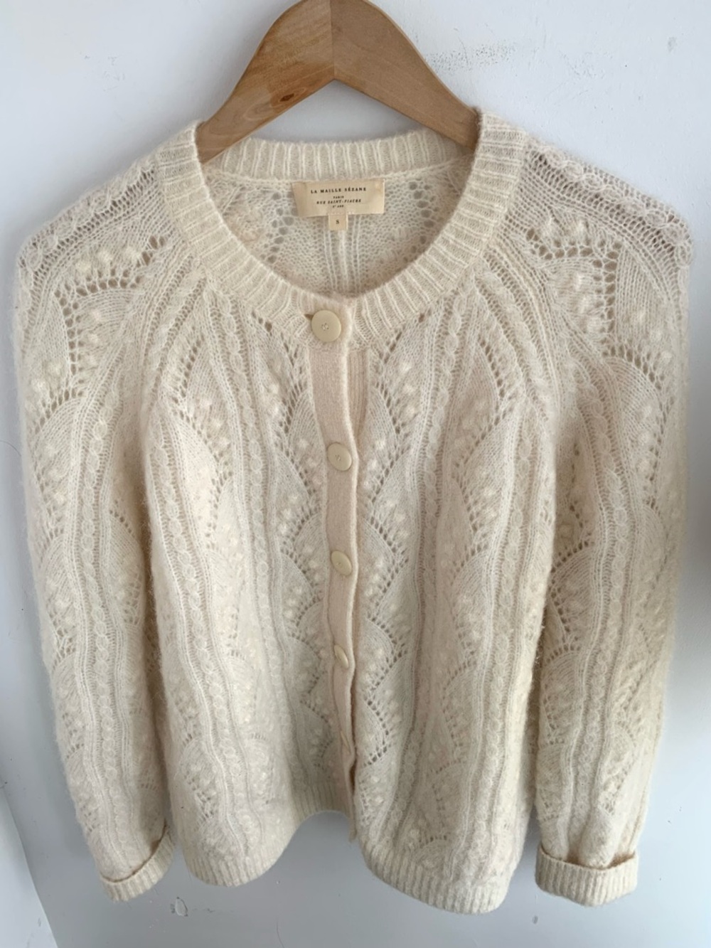 🇫🇷 Sezane Ecru Openwork Mohair-Blend Cropped Cardigan - Picture 8 of 12